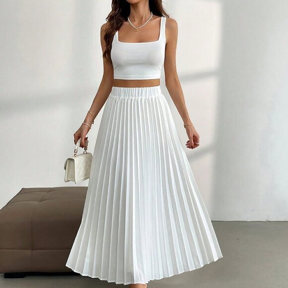 White Casual Women's Tank Top And Pleated Skirt 2-Piece Set - Picture 5 of 8